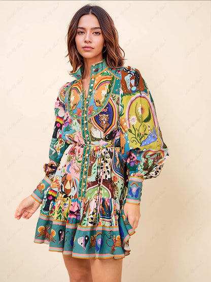 Effortless Multicolor Printed Mini Dress for Women with Stand Collar Balloon Sleeve Tiered Ruffle Bohemian Style