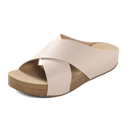 Comfortable Slide Sandals for Women with Cross Strap Open Toe Cork Footbed Slip On Style