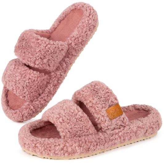 Comfortable Slippers with Arch Support for Women with Double Fur Strap Contoured Footbed Open Toe Style
