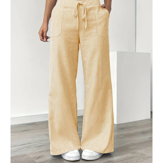 Effortless Striped Linen Wide Leg Pants for Women with High Waist Drawstring Relaxed Flowing Casual Style