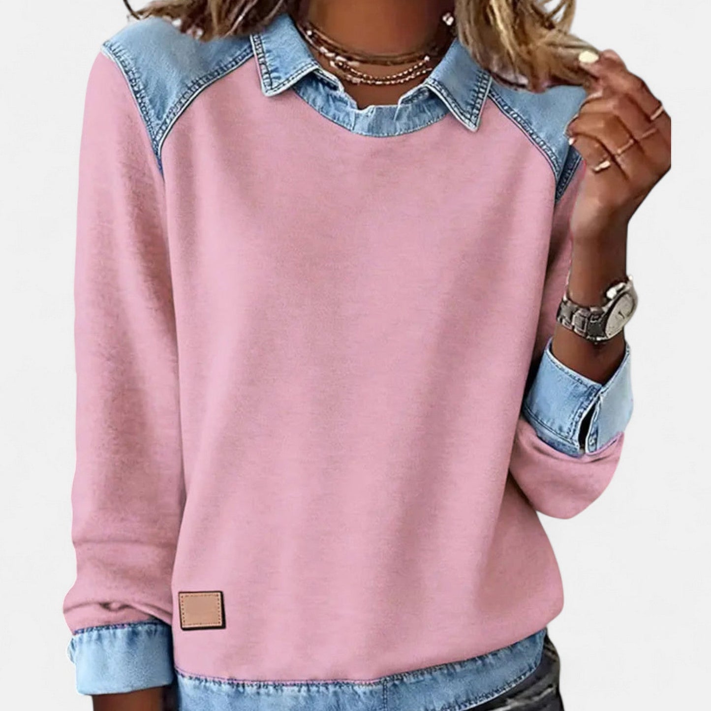 Effortless Denim Trim Sweatshirt for Women with Point Collar Long Sleeve Colorblock Casual Style