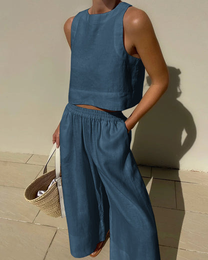 Effortless Linen Wide Leg Set for Women with Square Neck Sleeveless Relaxed Two Piece Style