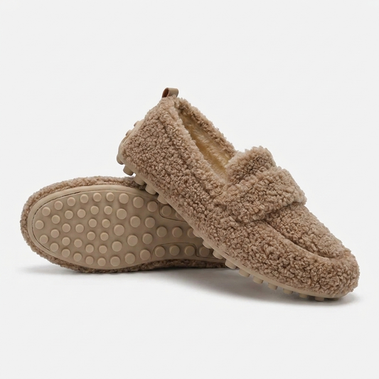 Comfortable House Shoes for Women with Curly Faux Fur Upper Moccasin Slip On Rubber Sole Style