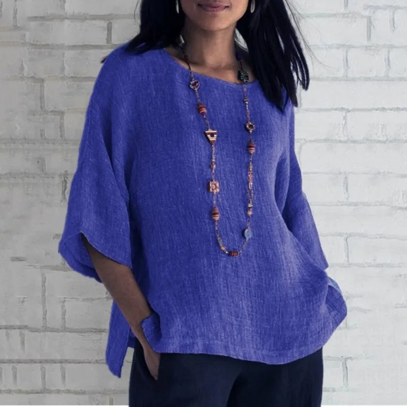 Effortless Linen Blouse for Women with Round Neck Batwing Sleeve Relaxed Oversized Style