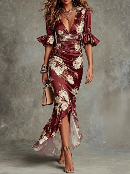 Effortless Floral Maxi Dress for Women with V Neck Flutter Sleeve Ruched Mermaid Ruffle Style