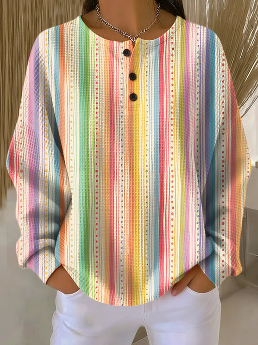 Effortless Multicolor Striped Waffle Knit Blouse for Women with Round Neck Long Sleeve Button Front Relaxed Style