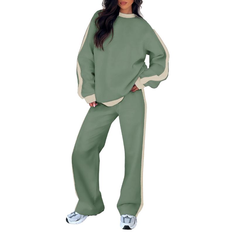Effortless Colorblock Sweat Set for Women with Crewneck Long Sleeve Wide Leg Relaxed Style