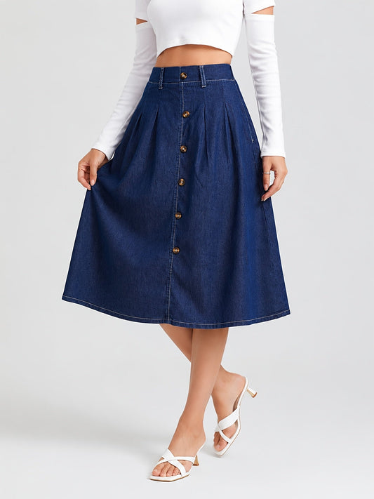 Effortless Medium Blue Denim Midi Skirt for Women with Button Front A Line Pleated Style