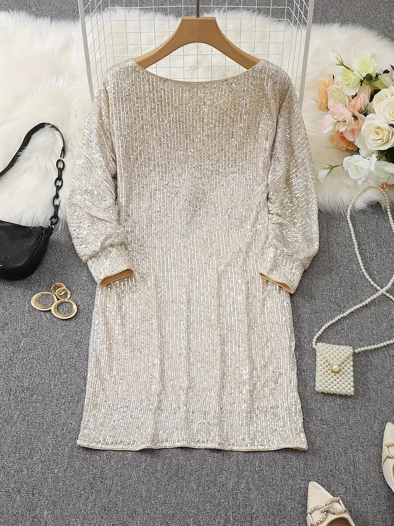Elegant Sequin Mini Dress for Women with Off Shoulder Long Sleeve Bodycon Sparkle Formal Party Style