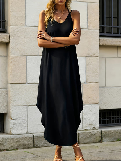 Effortless Black Maxi Dress for Women with V Neck Sleeveless Cocoon Curved Hem Bohemian Style