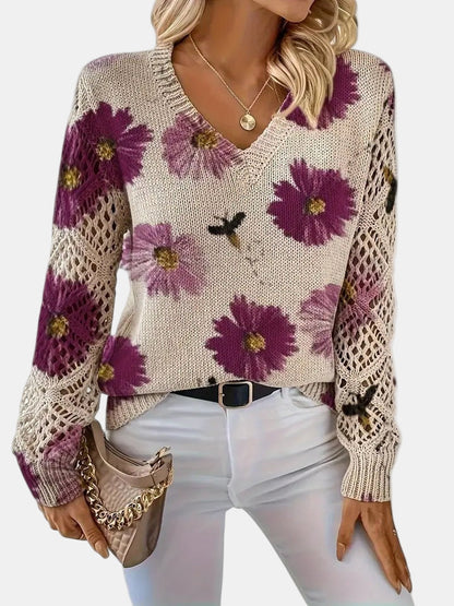 Comfortable Floral Print Sweater for Women with V Neck Long Sleeve Crochet Panel Oversized Knit Style