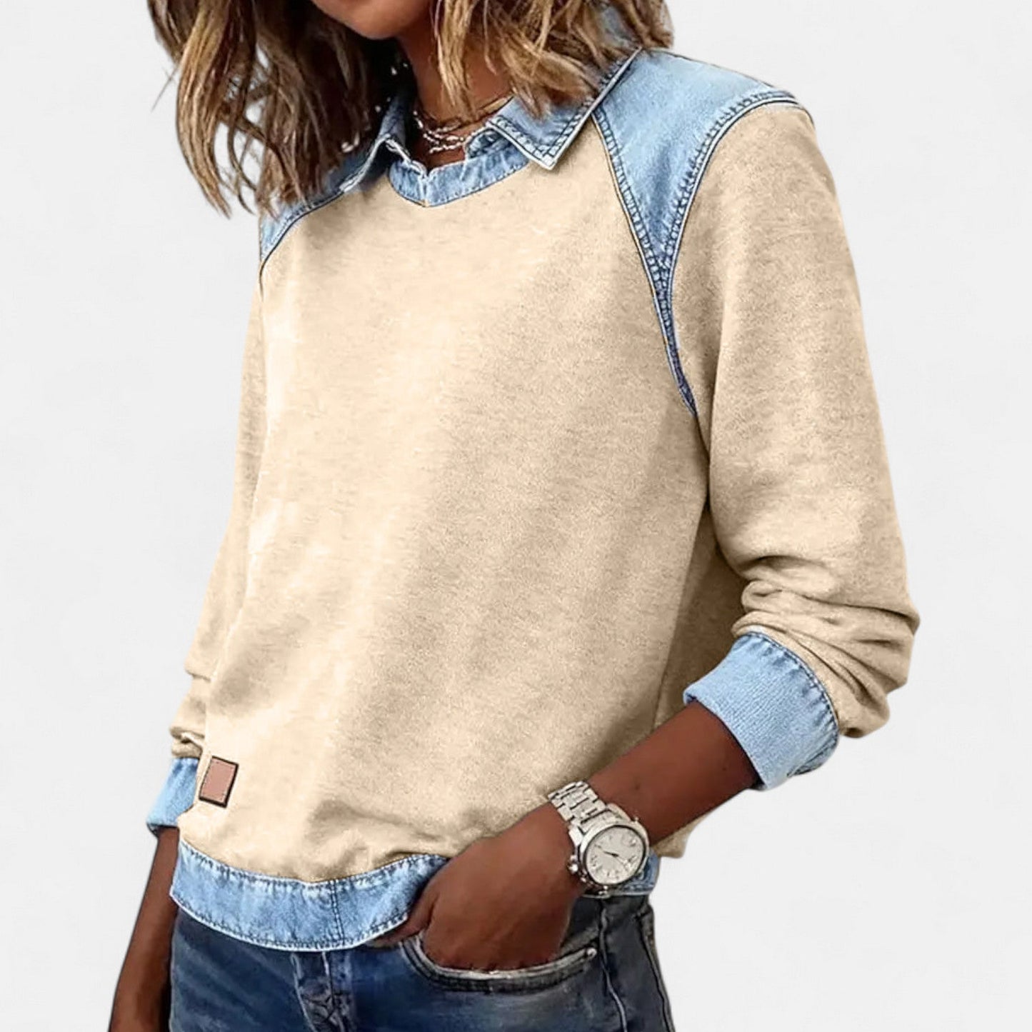 Effortless Denim Trim Sweatshirt for Women with Collar Long Sleeve Raglan Colorblock Casual Style