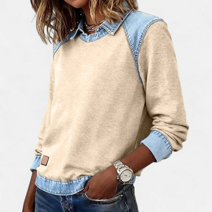 Effortless Denim Trim Sweatshirt for Women with Point Collar Long Sleeve Colorblock Casual Style