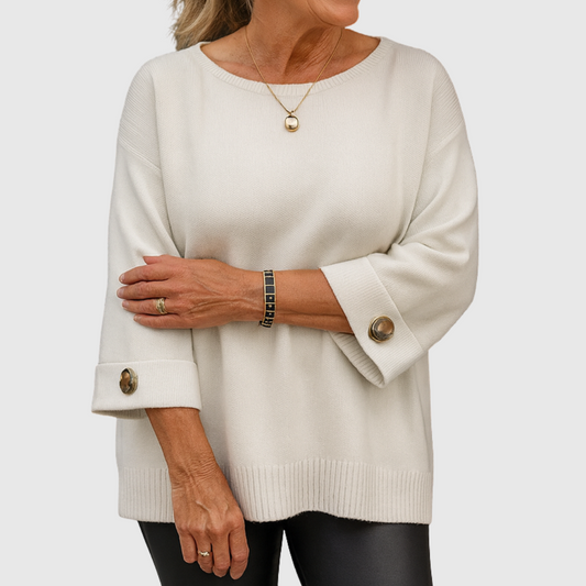 Comfortable Knit Sweater for Women with Boat Neck Elbow Sleeve Button Cuff Oversized Relaxed Style