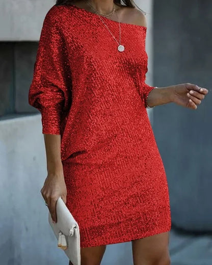 Elegant Sequin Mini Dress for Women with Off Shoulder Long Sleeve Bodycon Sparkle Formal Party Style