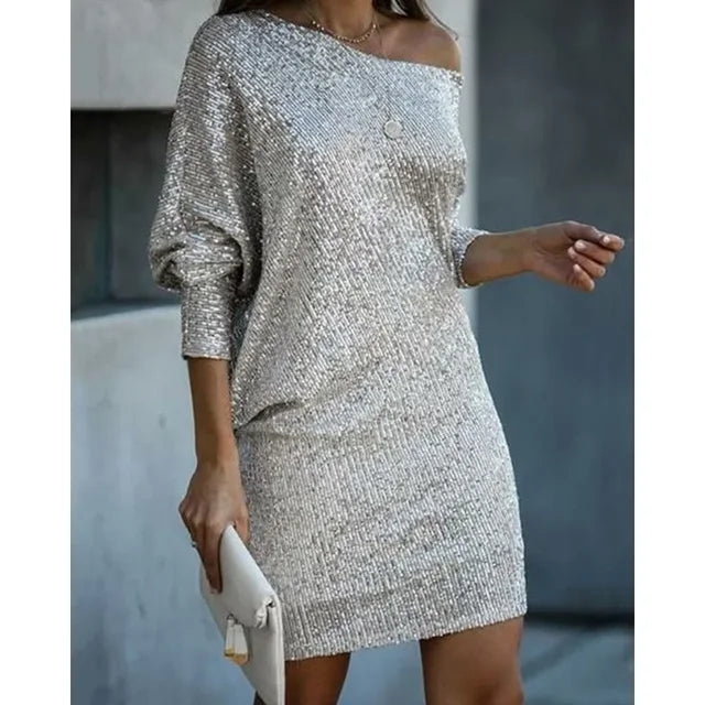 Elegant Sequin Mini Dress for Women with Off Shoulder Long Sleeve Bodycon Sparkle Formal Party Style
