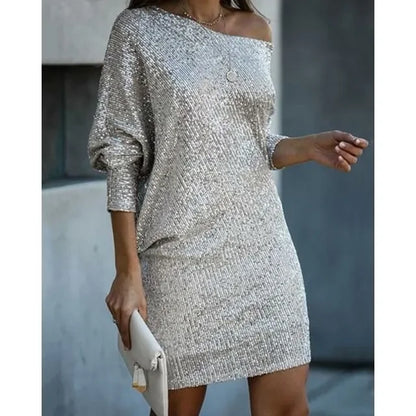 Elegant Sequin Mini Dress for Women with Off Shoulder Long Sleeve Bodycon Sparkle Formal Party Style