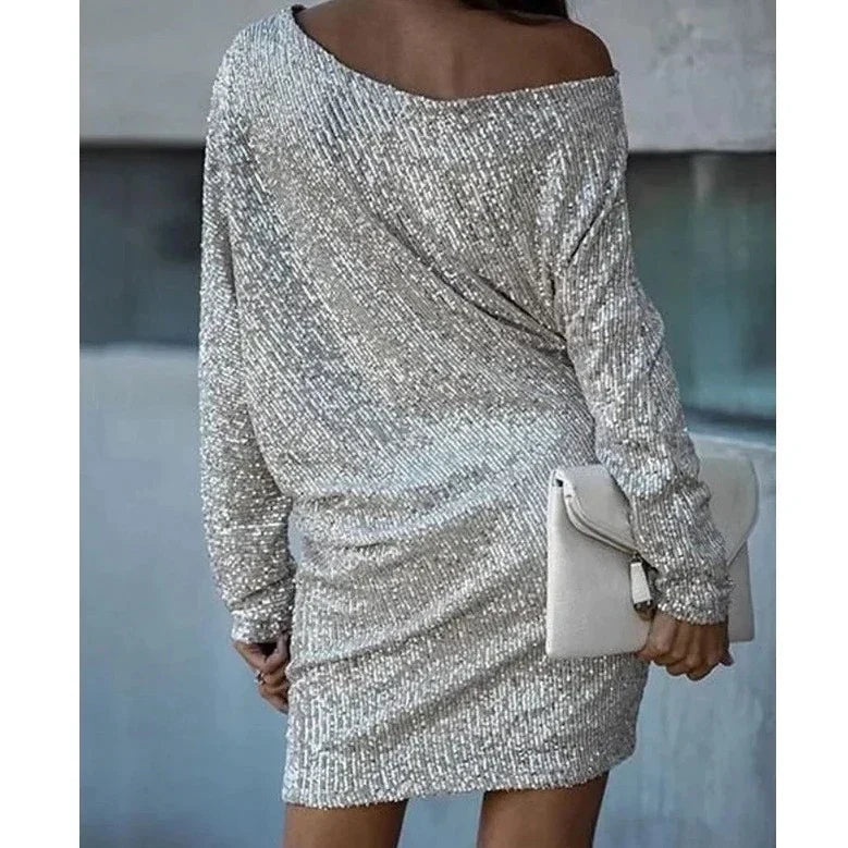 Elegant Sequin Mini Dress for Women with Off Shoulder Long Sleeve Bodycon Sparkle Formal Party Style