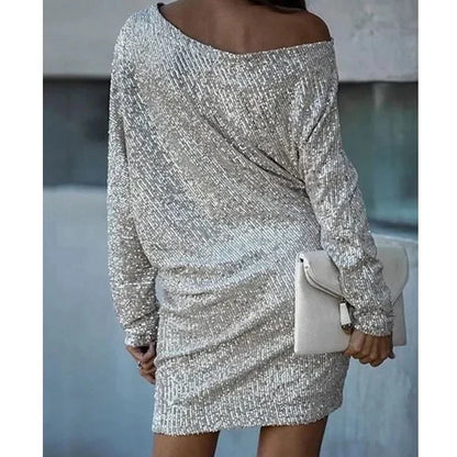 Elegant Sequin Mini Dress for Women with Off Shoulder Long Sleeve Bodycon Sparkle Formal Party Style