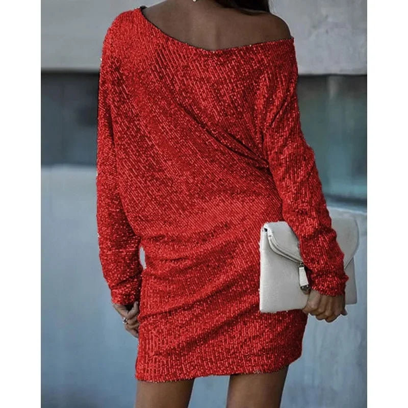 Elegant Sequin Mini Dress for Women with Off Shoulder Long Sleeve Bodycon Sparkle Formal Party Style