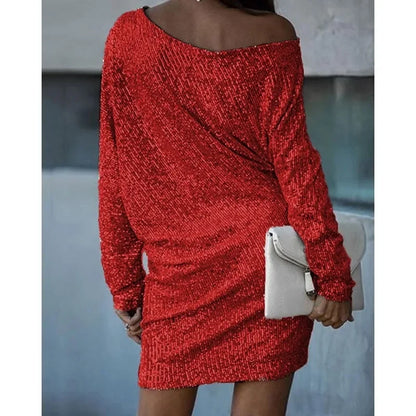 Elegant Sequin Mini Dress for Women with Off Shoulder Long Sleeve Bodycon Sparkle Formal Party Style