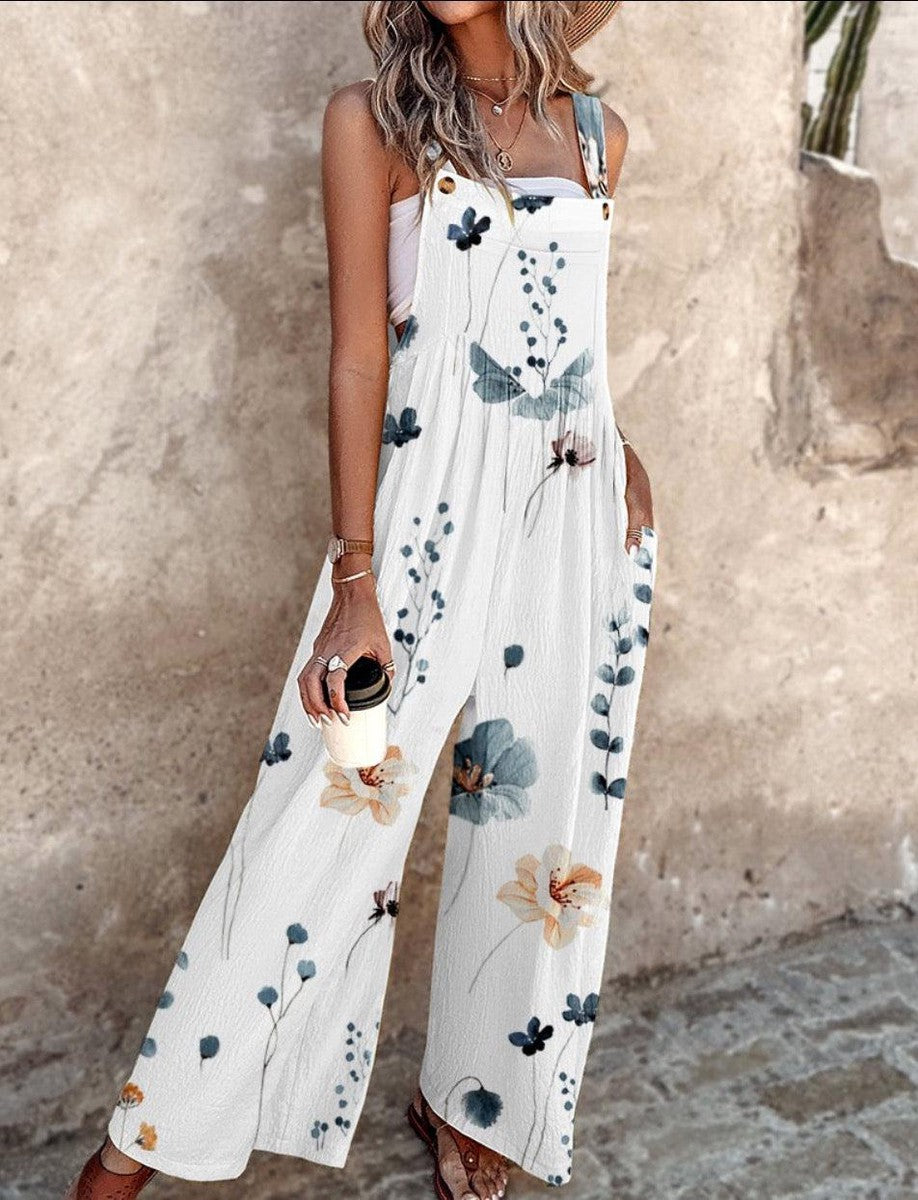 Effortless Floral Wide Leg Jumpsuit for Women with Square Neck Sleeveless Button Front Relaxed Bohemian Style