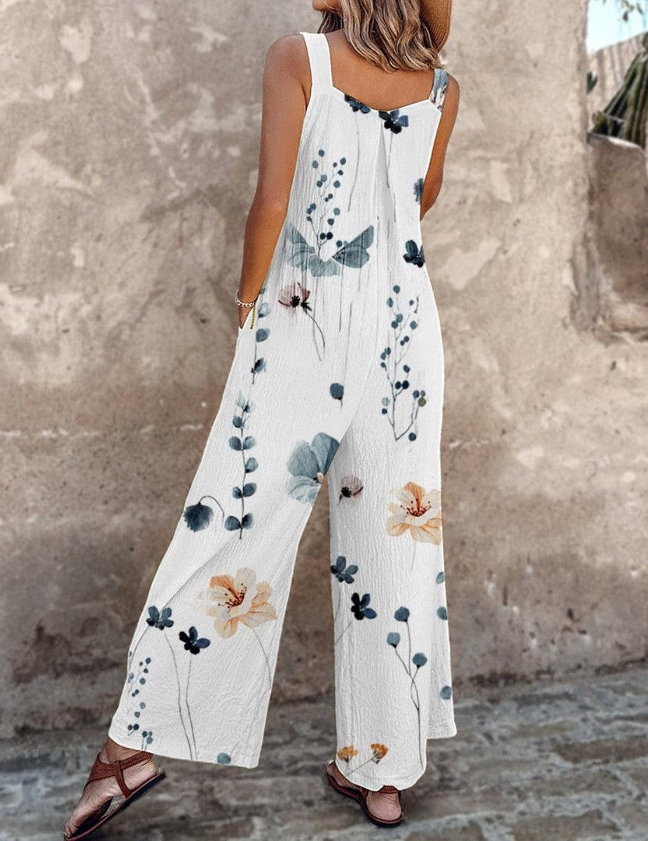 Effortless Floral Wide Leg Jumpsuit for Women with Square Neck Sleeveless Button Front Relaxed Bohemian Style
