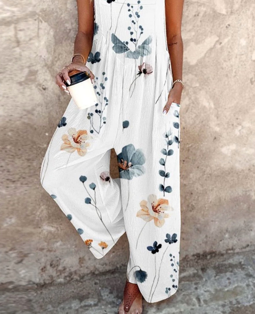 Effortless Floral Wide Leg Jumpsuit for Women with Square Neck Sleeveless Button Front Relaxed Bohemian Style