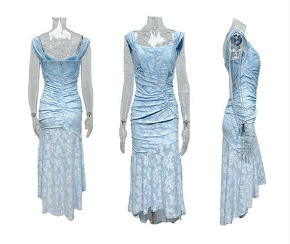 Elegant Lace Maxi Dress for Women with Square Neck Sleeveless Corset Mermaid High Low Style