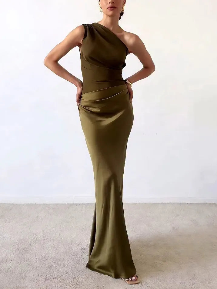Elegant Satin Maxi Dress for Women with One Shoulder Ruched Mermaid Formal Wedding Guest Style