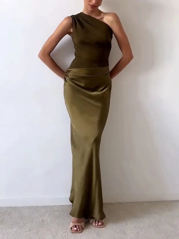 Elegant Satin Maxi Dress for Women with One Shoulder Ruched Mermaid Formal Wedding Guest Style