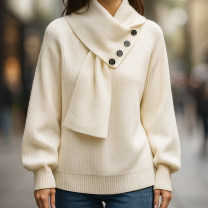 Comfortable Ribbed Sweater for Women with Asymmetric Collar Long Sleeve Button Front Oversized Knit Style