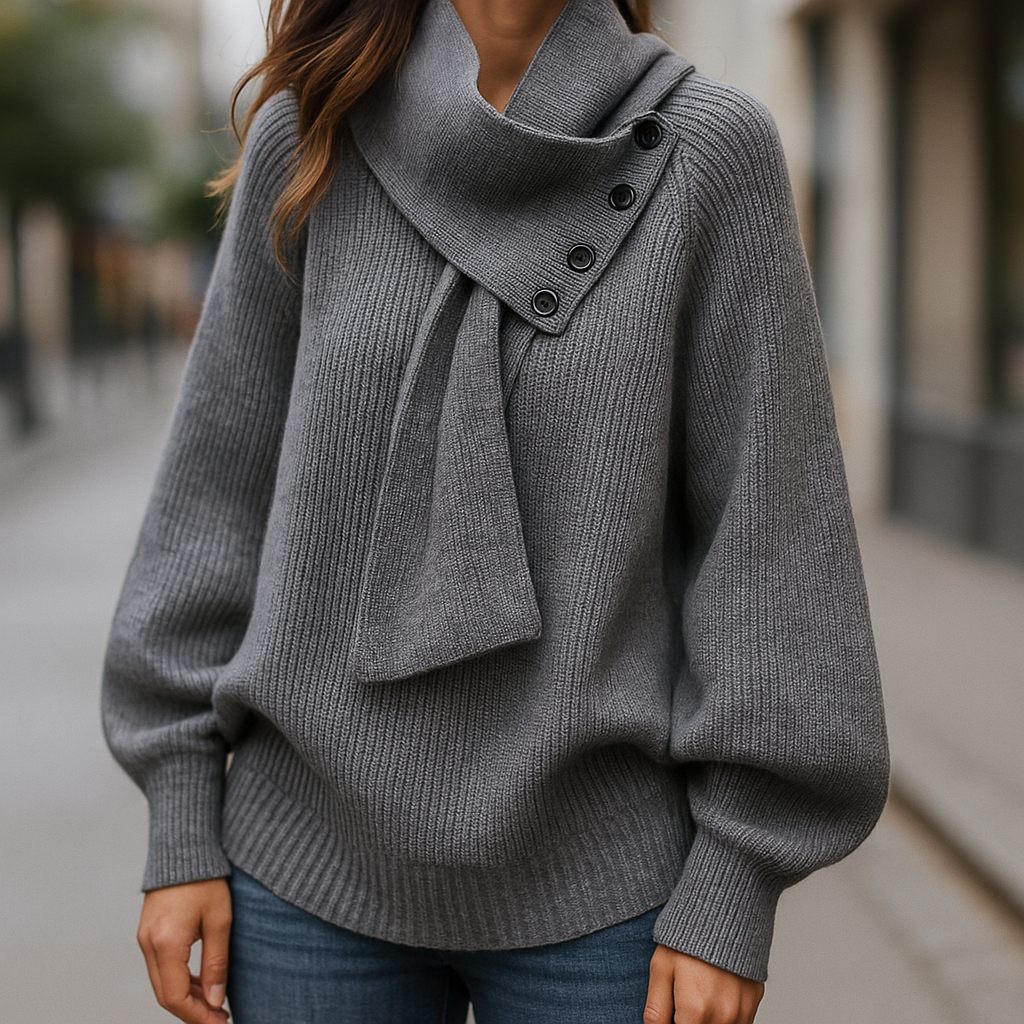Comfortable Ribbed Sweater for Women with Asymmetric Collar Long Sleeve Button Front Oversized Knit Style