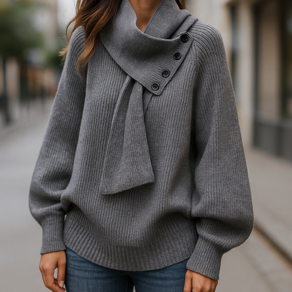 Comfortable Ribbed Sweater for Women with Asymmetric Collar Long Sleeve Button Front Oversized Knit Style