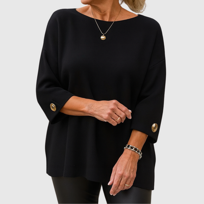 Comfortable Knit Sweater for Women with Boat Neck Elbow Sleeve Button Cuff Oversized Relaxed Style