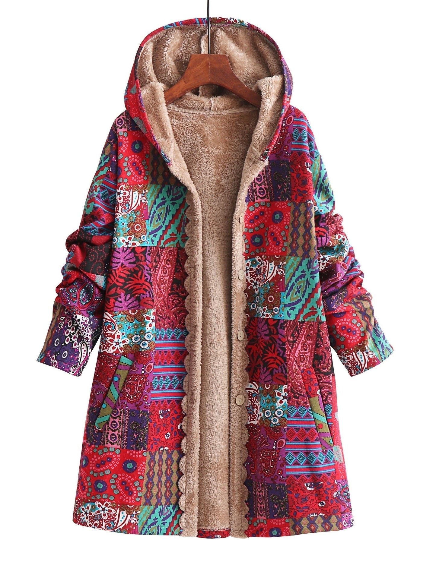 Effortless Patchwork Print Hooded Coat for Women with Fleece Lined Button Front Oversized Bohemian Style