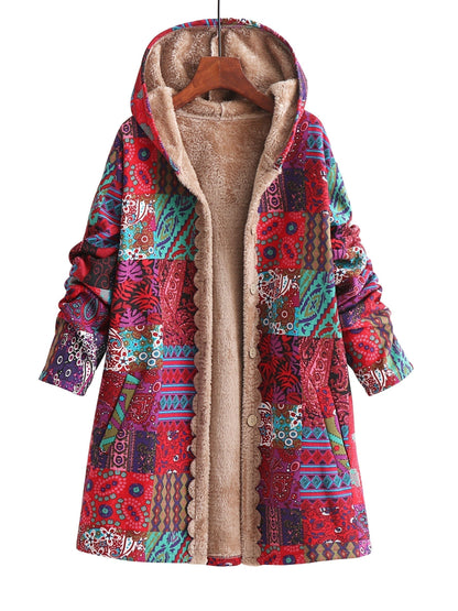 Effortless Patchwork Print Hooded Coat for Women with Fleece Lined Button Front Oversized Bohemian Style
