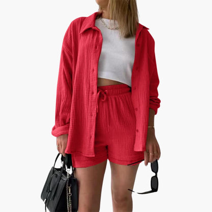 Effortless Textured Cotton Two Piece Set for Women with Collared Long Sleeve Button Front Drawstring Shorts Relaxed Style