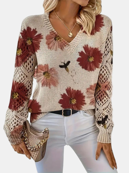 Comfortable Floral Crochet Sweater for Women with V Neck Long Sleeve Relaxed Oversized Knit Style