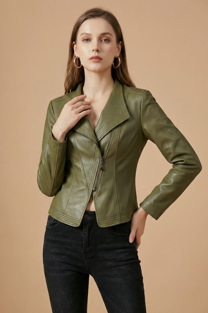 Elegant Leather Jacket for Women with Notch Collar Long Sleeve Asymmetric Zip Fitted Style