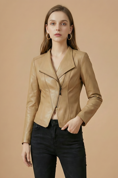 Elegant Leather Jacket for Women with Notch Collar Long Sleeve Asymmetric Zip Fitted Style
