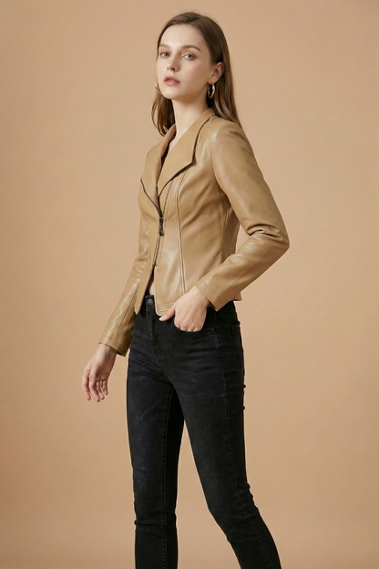 Elegant Leather Jacket for Women with Notch Collar Long Sleeve Asymmetric Zip Fitted Style