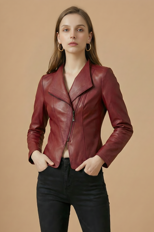 Elegant Leather Jacket for Women with Notch Collar Long Sleeve Asymmetric Zip Fitted Style