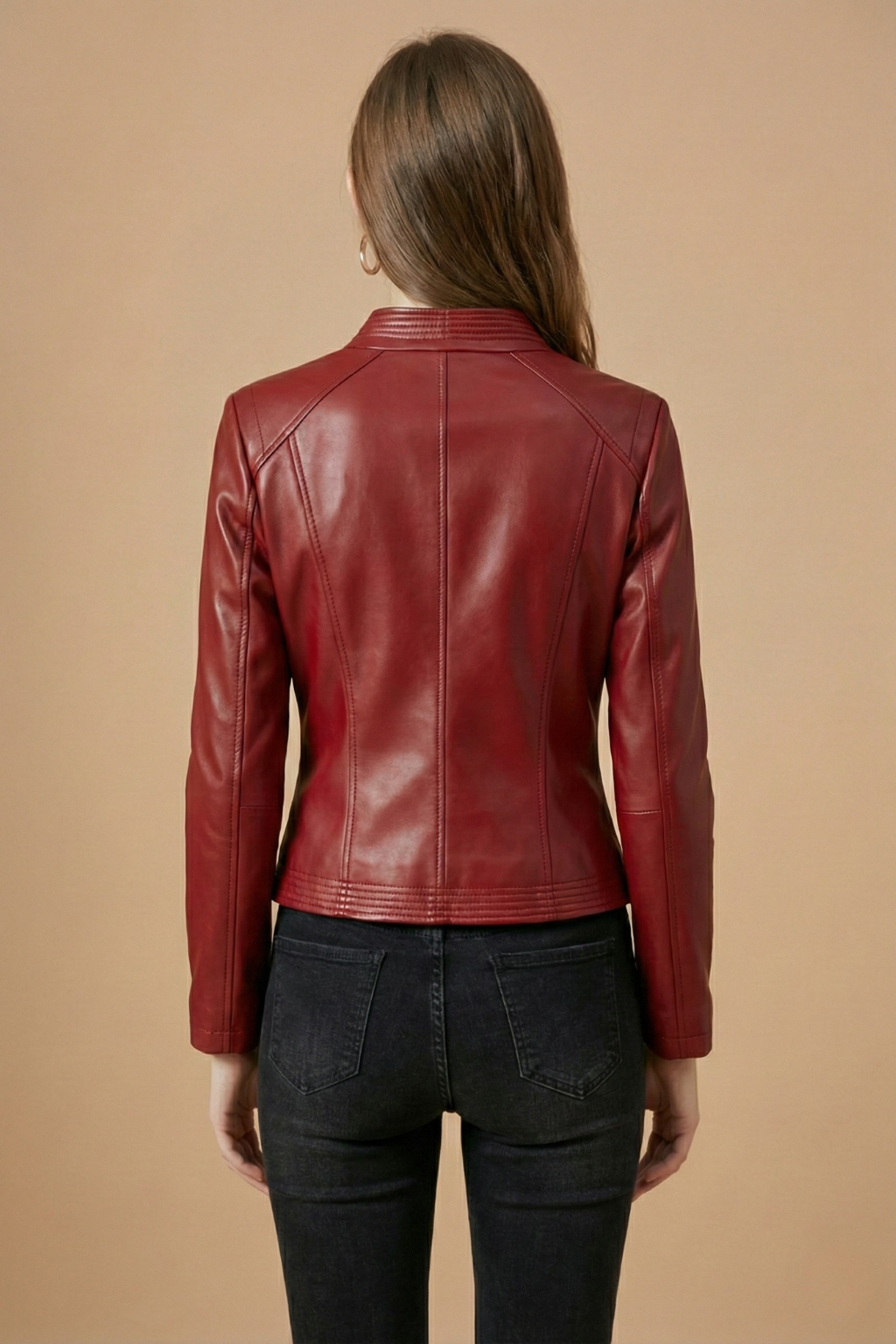 Elegant Leather Jacket for Women with Notch Collar Long Sleeve Asymmetric Zip Fitted Style