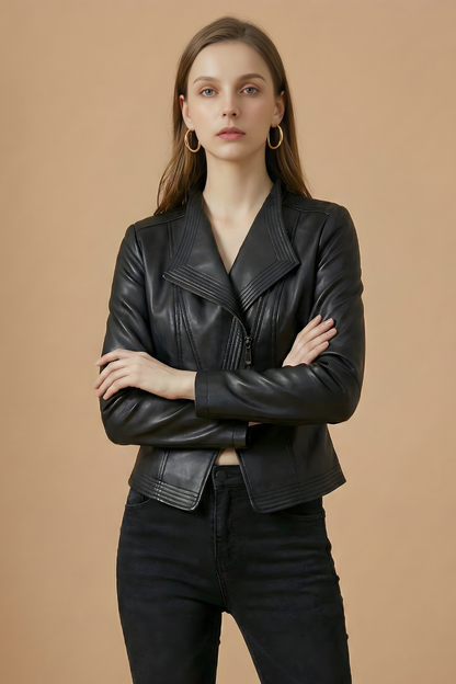 Elegant Leather Jacket for Women with Notch Collar Long Sleeve Asymmetric Zip Fitted Style
