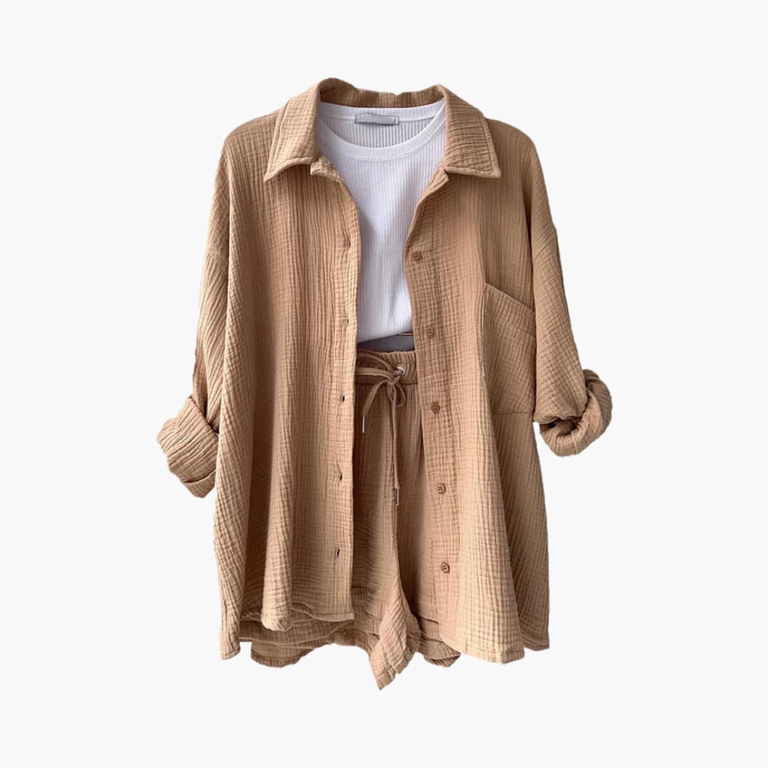 Effortless Textured Cotton Two Piece Set for Women with Collared Long Sleeve Button Front Drawstring Shorts Relaxed Style