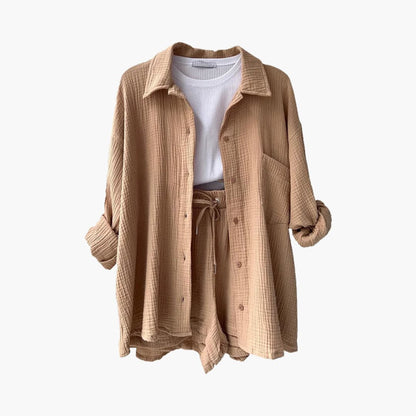 Effortless Textured Cotton Two Piece Set for Women with Collared Long Sleeve Button Front Drawstring Shorts Relaxed Style