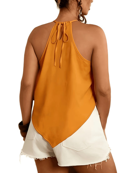 Effortless Colorblock Halter Top for Women with High Neck Sleeveless Pleated Flowing Style