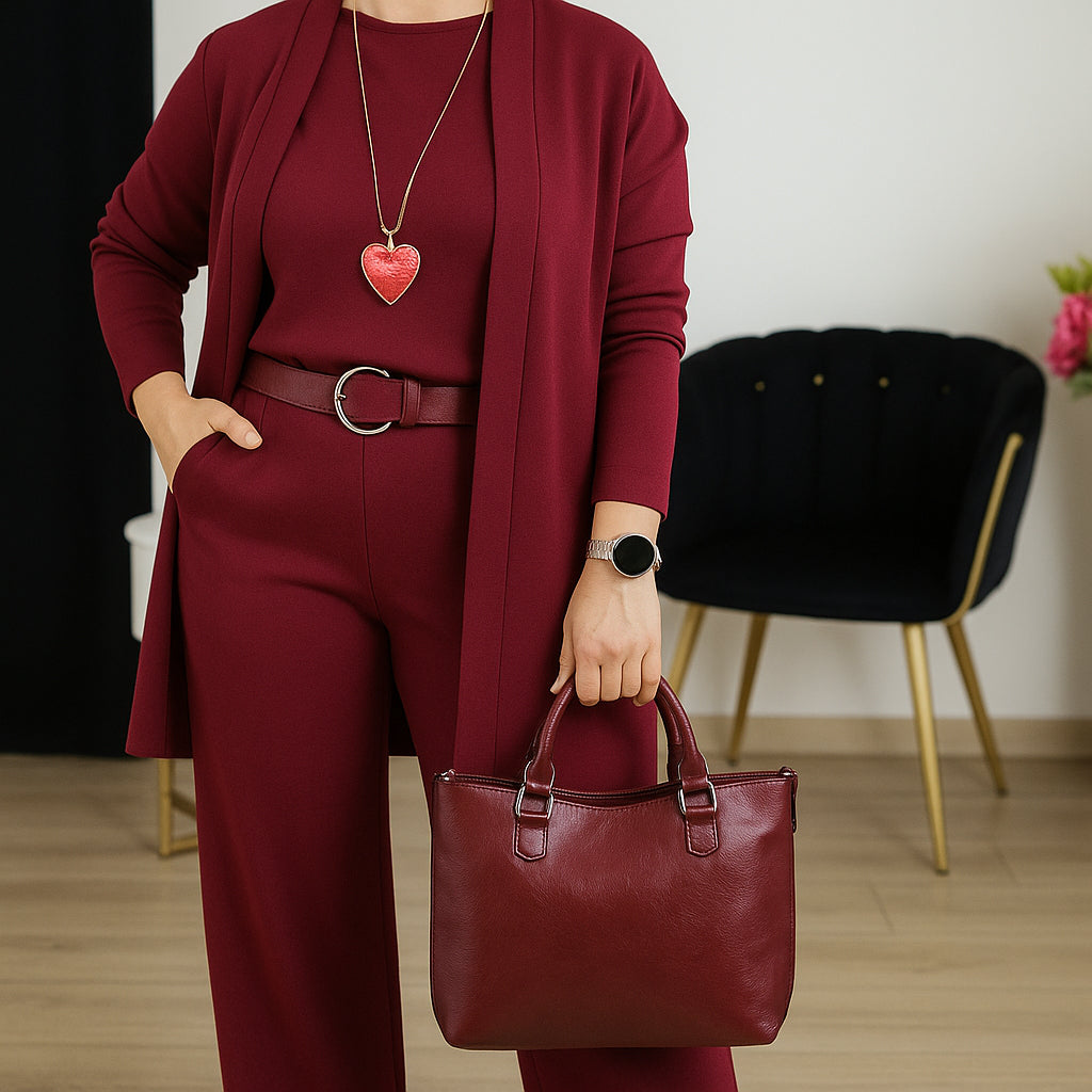 Elegant Wide Leg Three Piece Set for Women with Open Front Long Cardigan Relaxed Formal Style