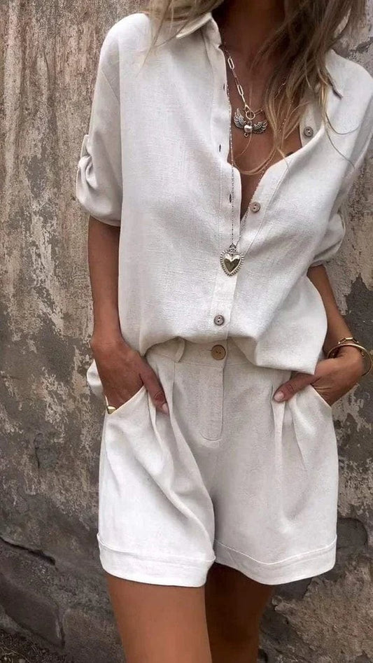 Effortless Linen Two Piece Set for Women with Collar Button Front Half Sleeve Pleated Shorts Casual Style